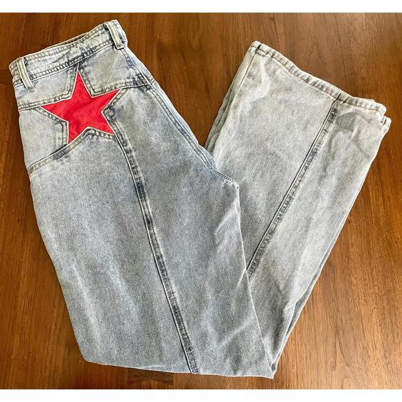 Denim - Firecracker Red Star Bell bottom Jeans- High Waist- Unbranded- Large